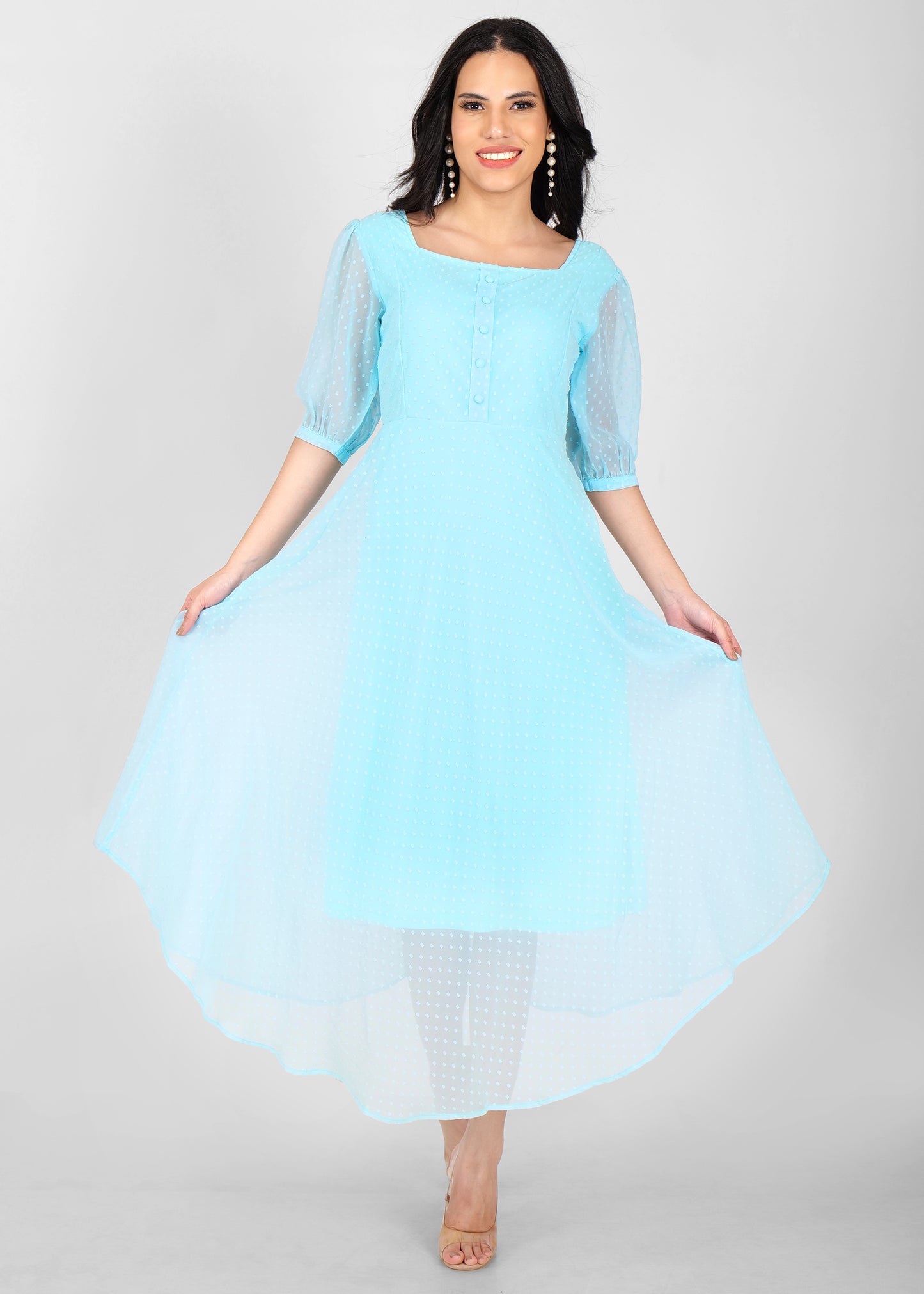 Hiza Sky Blue Dobby Georgette Fit & Flare Dress