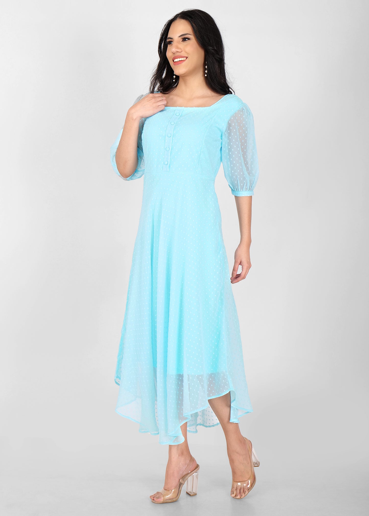 Hiza Sky Blue Dobby Georgette Fit & Flare Dress