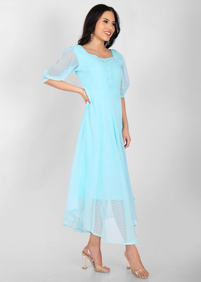 Hiza Sky Blue Dobby Georgette Fit & Flare Dress