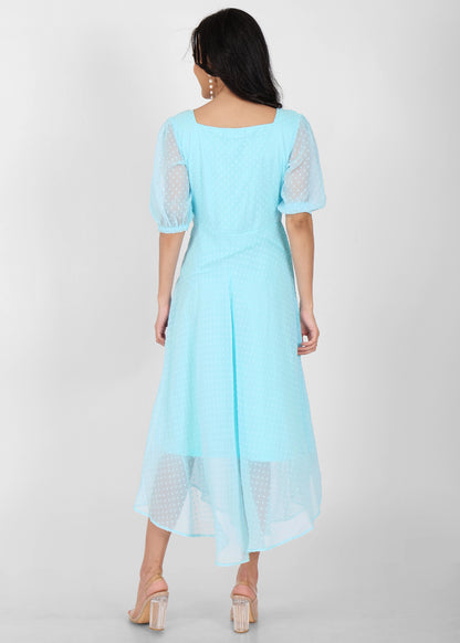 Hiza Sky Blue Dobby Georgette Fit & Flare Dress