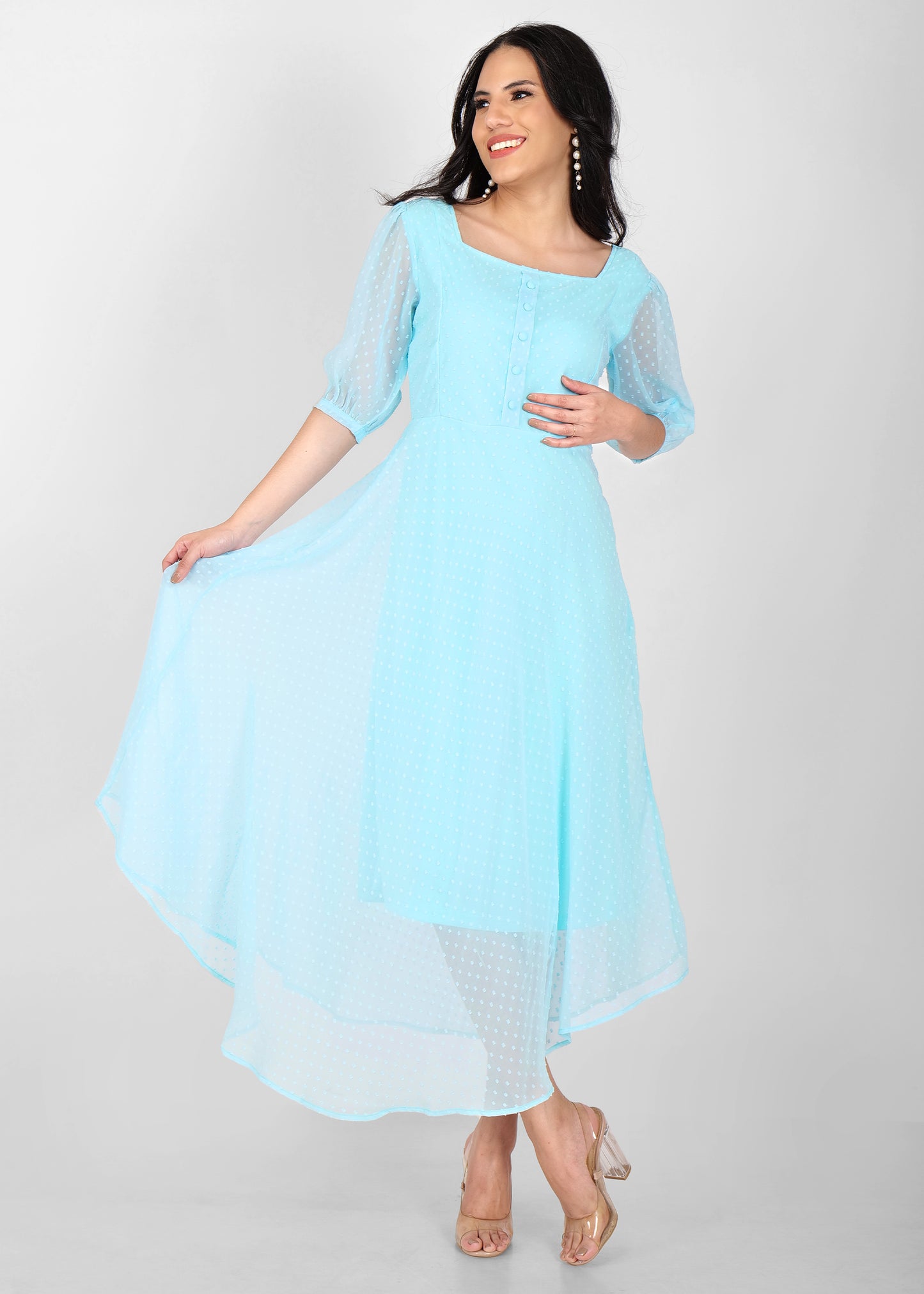 Hiza Sky Blue Dobby Georgette Fit & Flare Dress