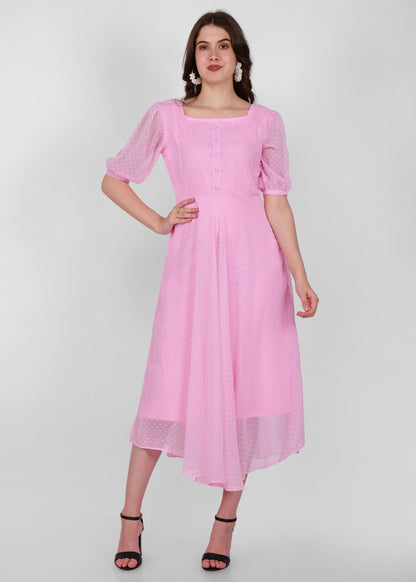 Hiza Pink Dobby Georgette Fit & Flare Dress