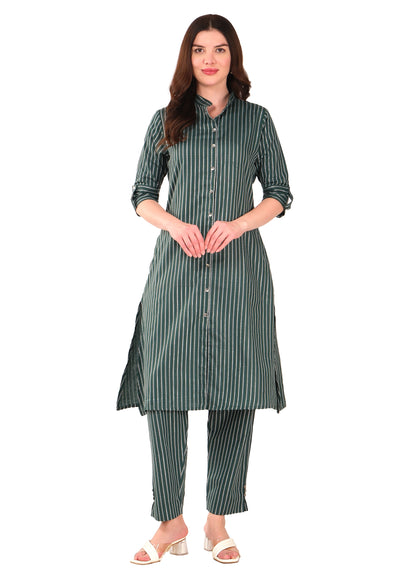 Hiza Women's Ethnic Co-Ord Set Cotton Blend Top and Pant | Two-Piece Office Wear Co-Ord Set | Stylish Striped Ethnic Wear for Women Green