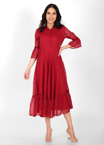 Hiza Maroon Dobby Georgette Fit & Flare Dress