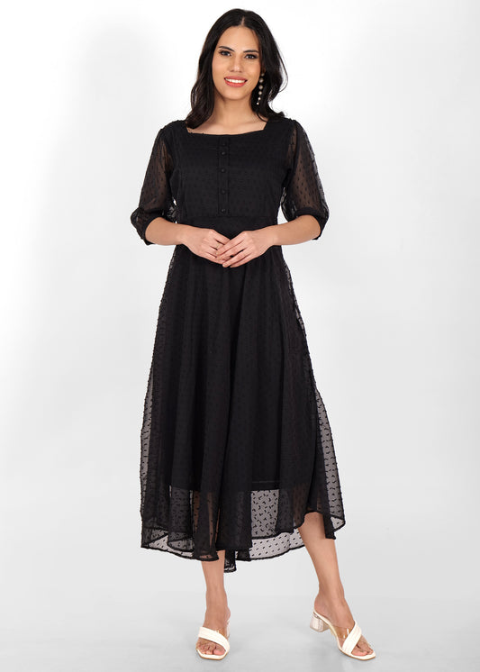 Hiza Black Dobby Georgette Fit & Flare Dress