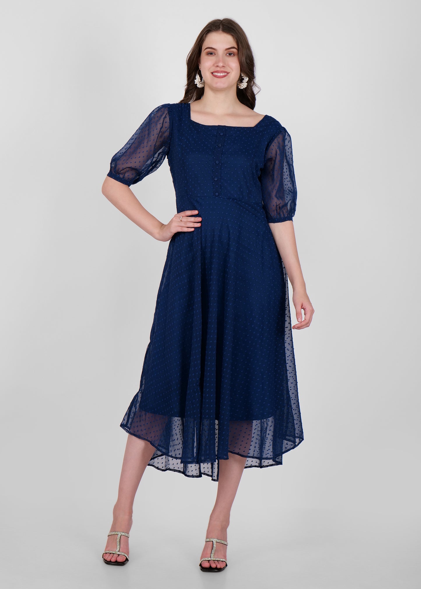 Hiza Blue Dobby Georgette Fit & Flare Dress