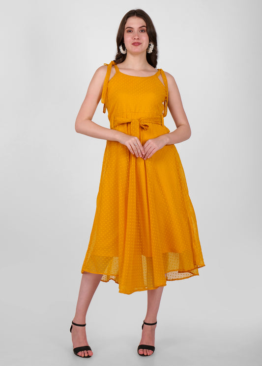 Hiza Mustard Yellow Dobby Georgette Fit & Flare Dress