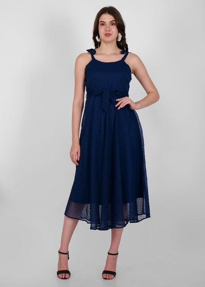 Hiza Blue Dobby Georgette Fit & Flare Dress