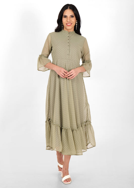 Hiza Olive Green Dobby Georgette Fit & Flare Dress