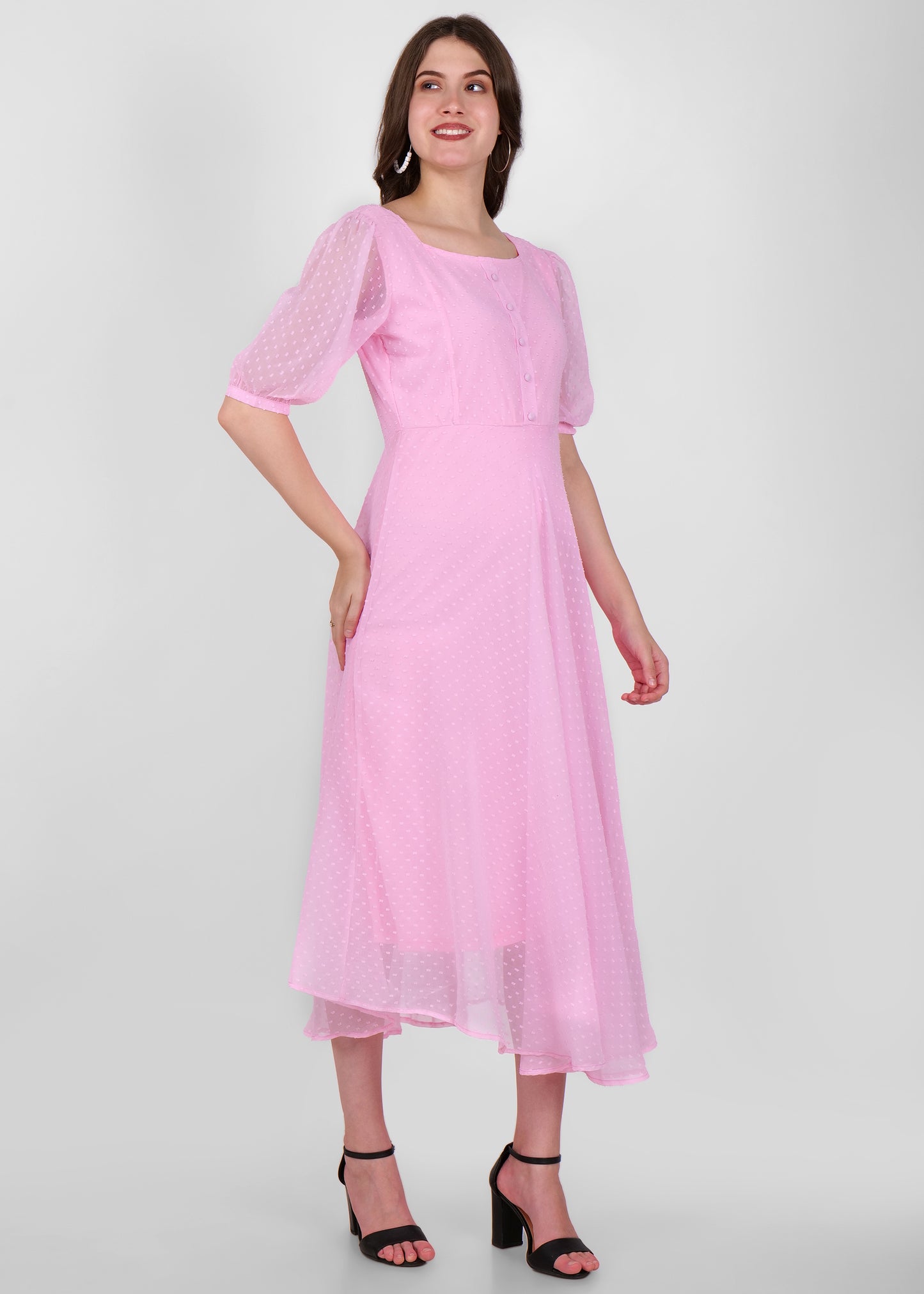 Hiza Pink Dobby Georgette Fit & Flare Dress