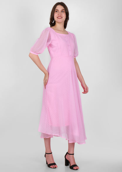 Hiza Pink Dobby Georgette Fit & Flare Dress