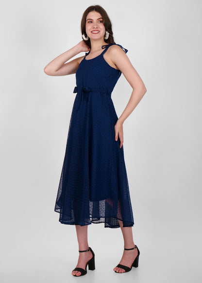 Hiza Blue Dobby Georgette Fit & Flare Dress