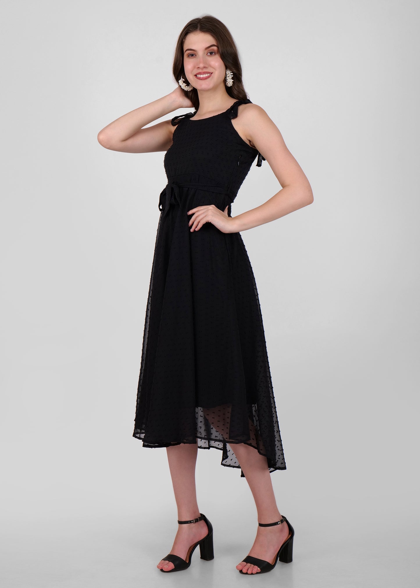 Hiza Black Dobby Georgette Fit & Flare Dress