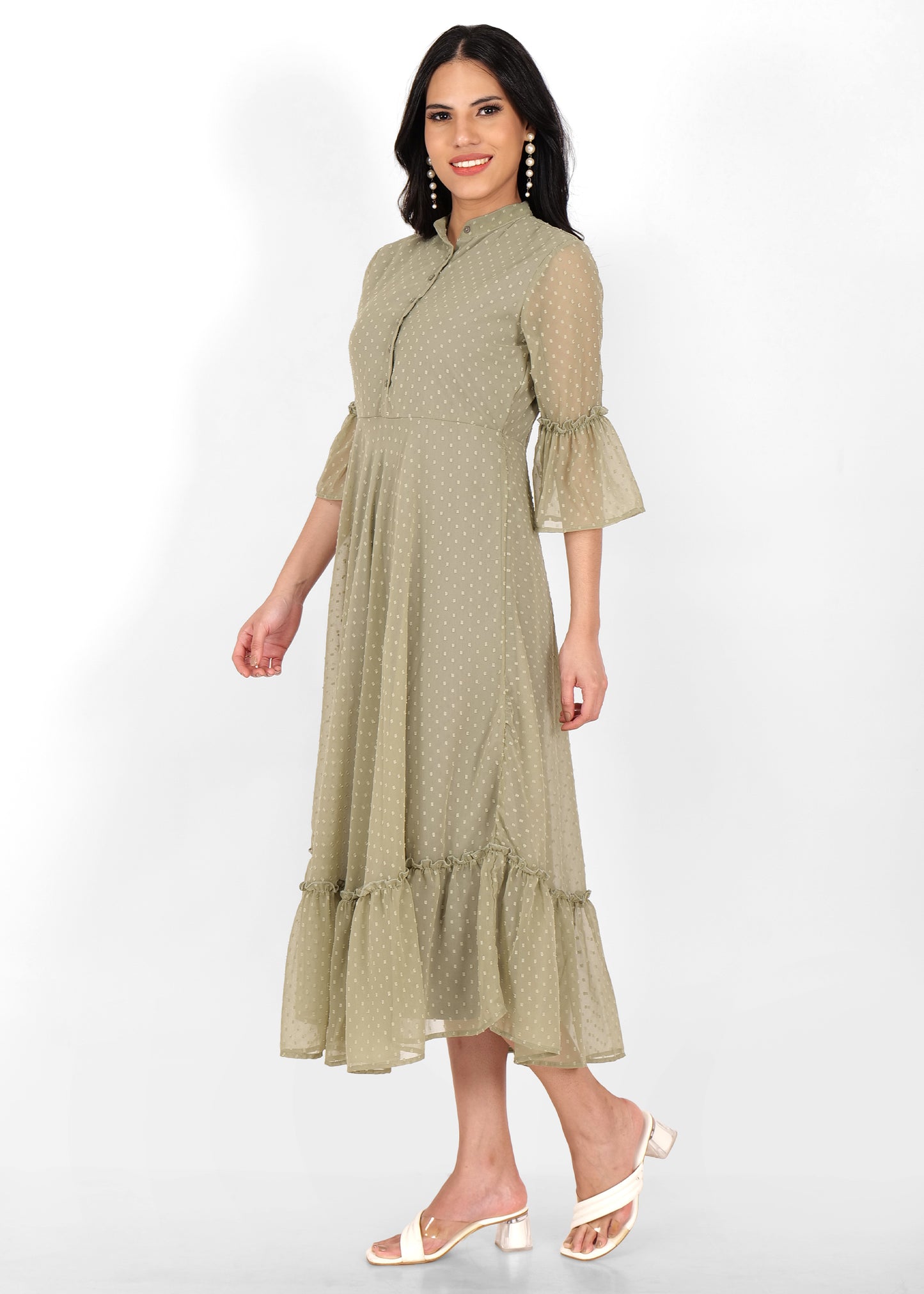 Hiza Olive Green Dobby Georgette Fit & Flare Dress