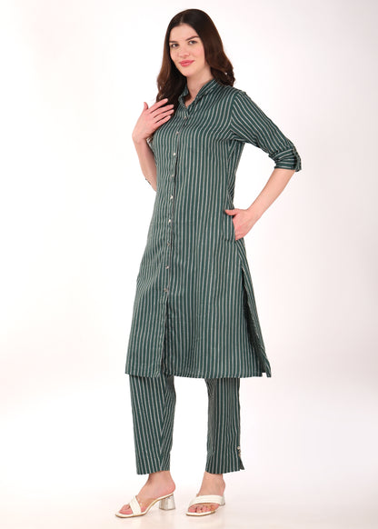 Hiza Women's Ethnic Co-Ord Set Cotton Blend Top and Pant | Two-Piece Office Wear Co-Ord Set | Stylish Striped Ethnic Wear for Women Green