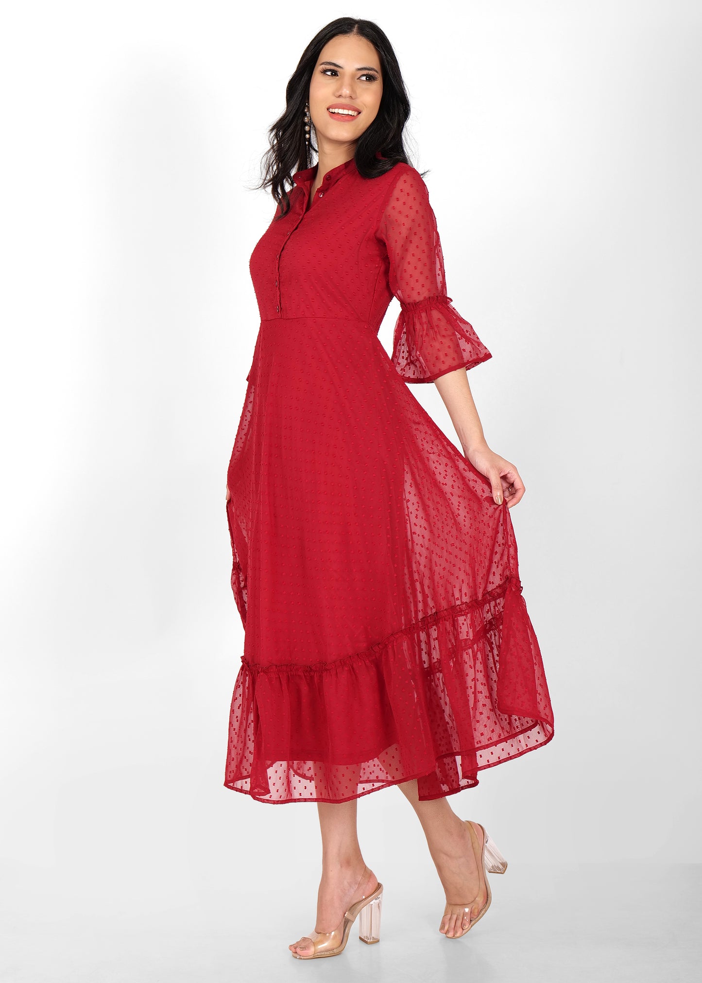 Hiza Maroon Dobby Georgette Fit & Flare Dress