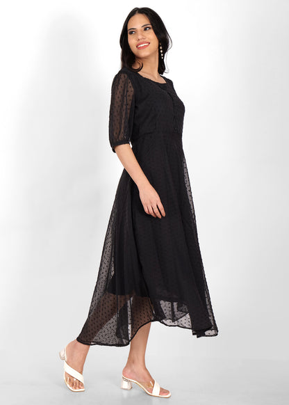 Hiza Black Dobby Georgette Fit & Flare Dress