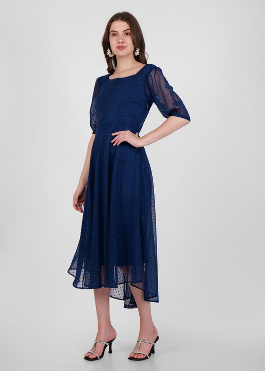 Hiza Blue Dobby Georgette Fit & Flare Dress