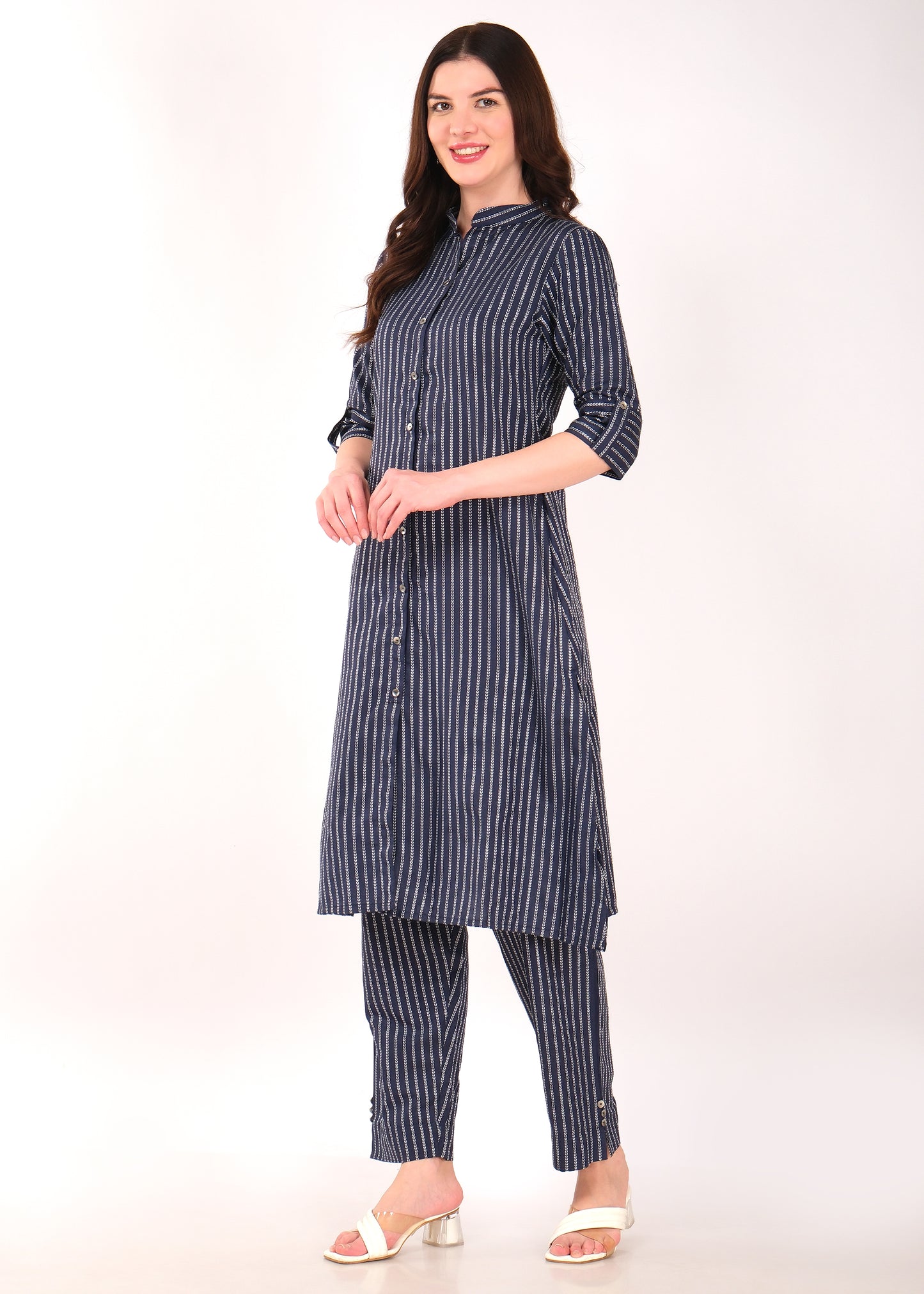 Hiza Women's Ethnic Co-Ord Set Cotton Blend Top and Pant | Two-Piece Office Wear Co-Ord Set | Stylish Striped Ethnic Wear for Women Blue