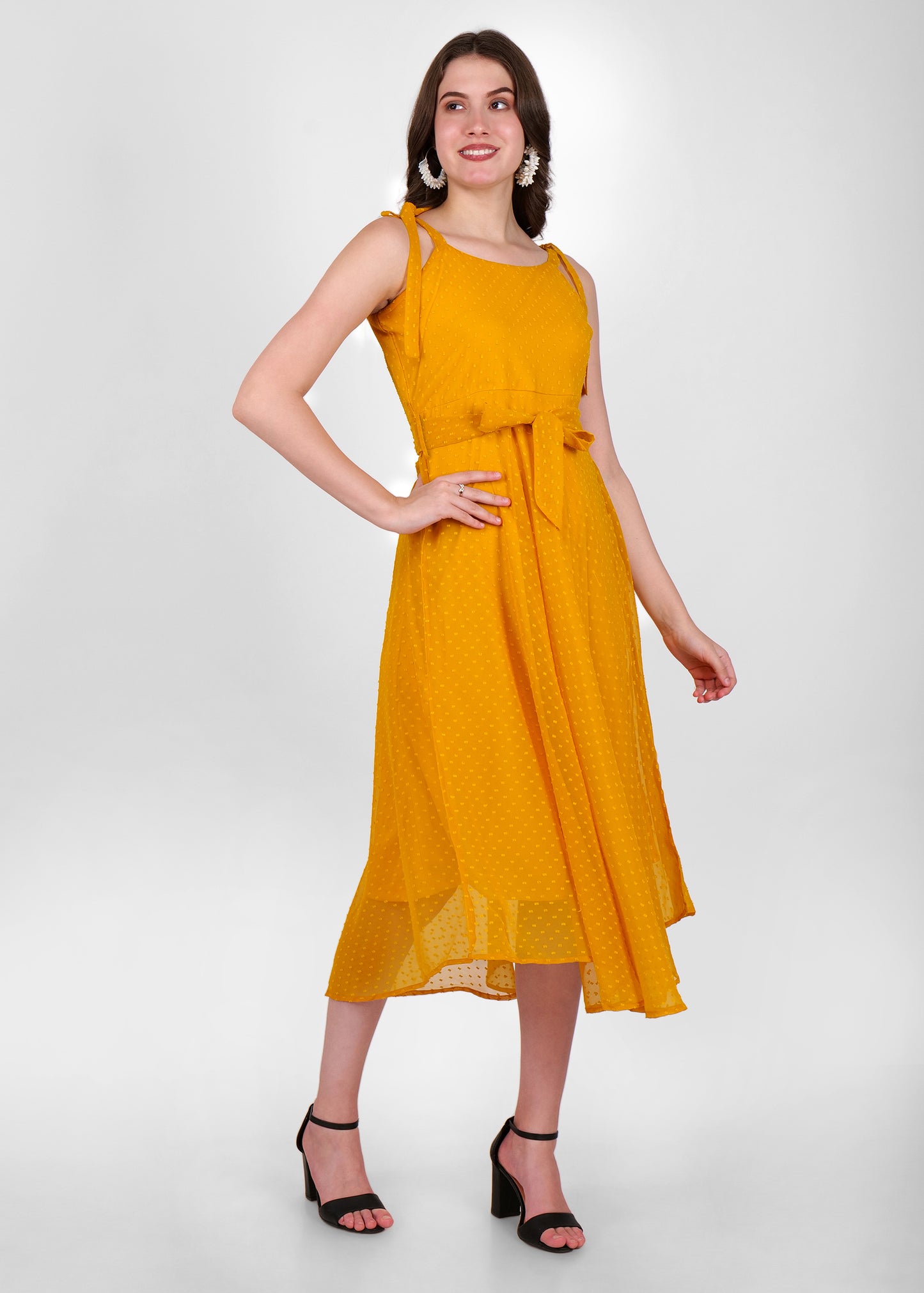 Hiza Mustard Yellow Dobby Georgette Fit & Flare Dress