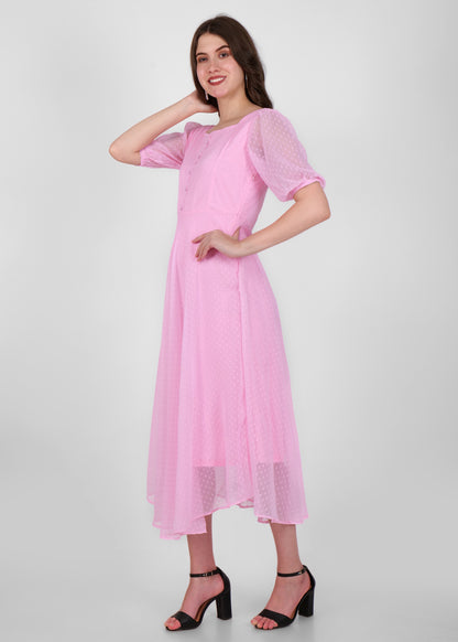 Hiza Pink Dobby Georgette Fit & Flare Dress