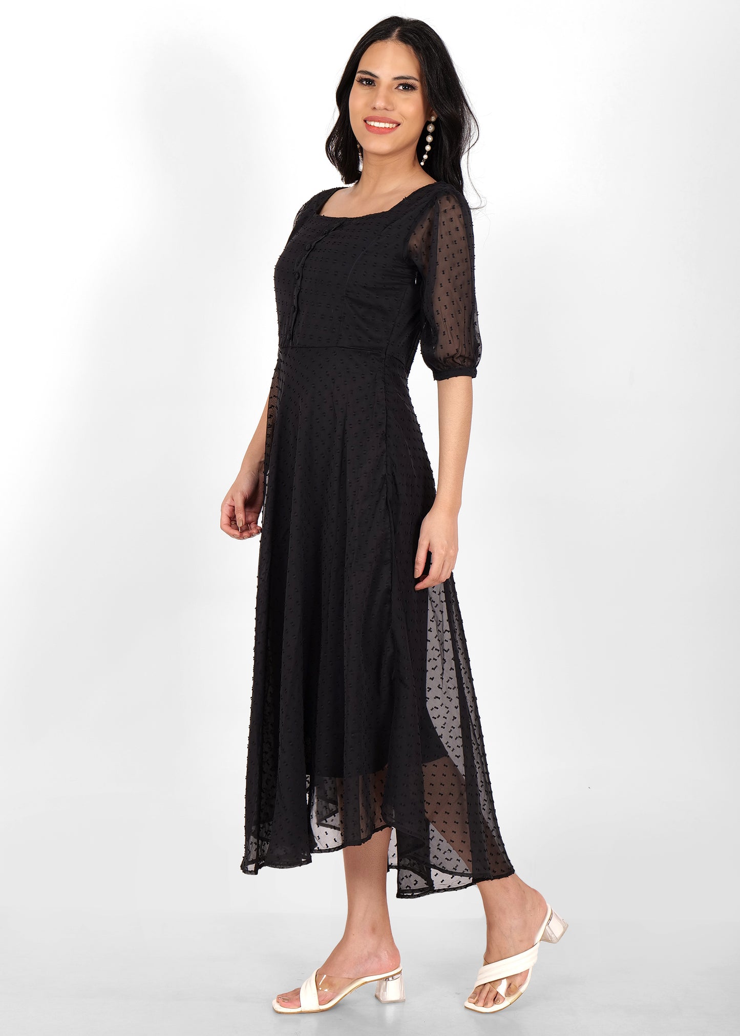 Hiza Black Dobby Georgette Fit & Flare Dress