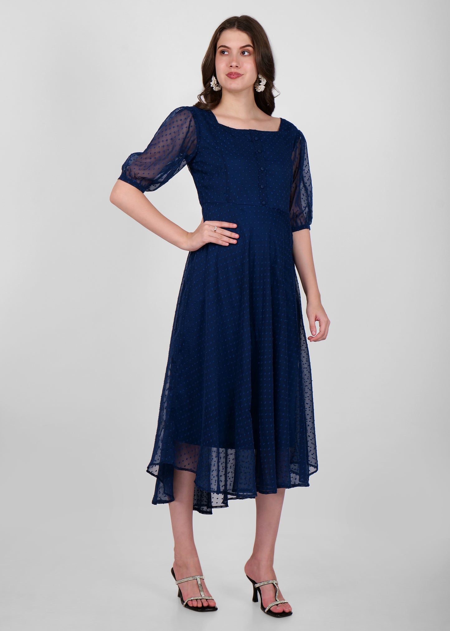 Hiza Blue Dobby Georgette Fit & Flare Dress