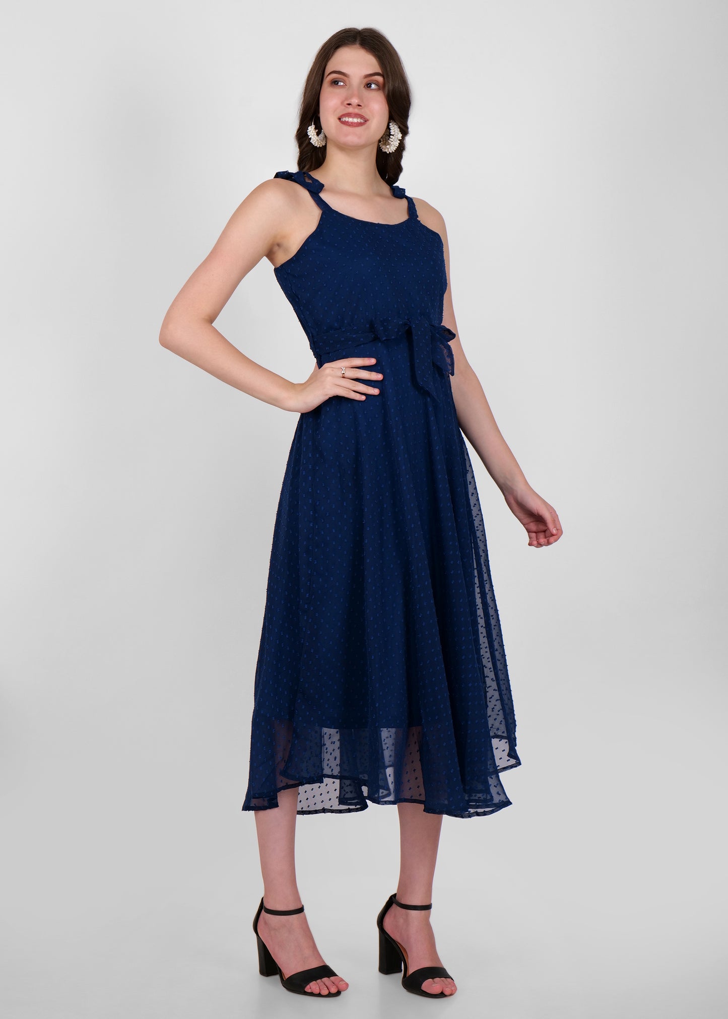 Hiza Blue Dobby Georgette Fit & Flare Dress