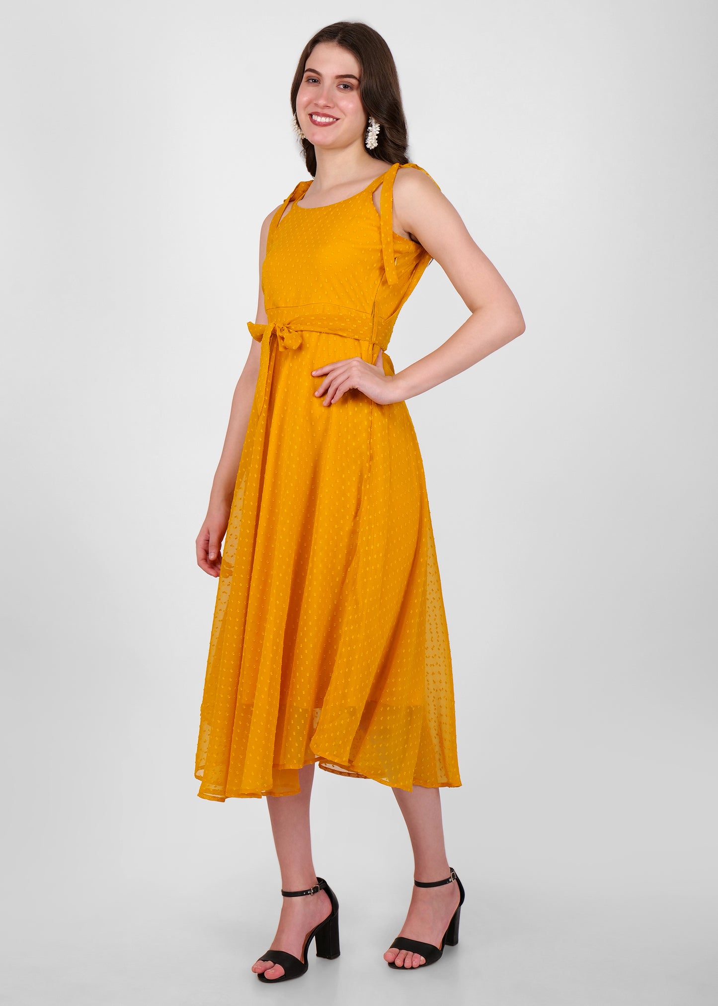 Hiza Mustard Yellow Dobby Georgette Fit & Flare Dress