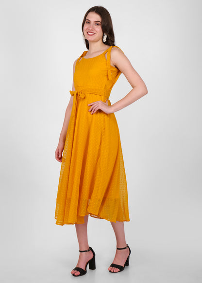 Hiza Mustard Yellow Dobby Georgette Fit & Flare Dress