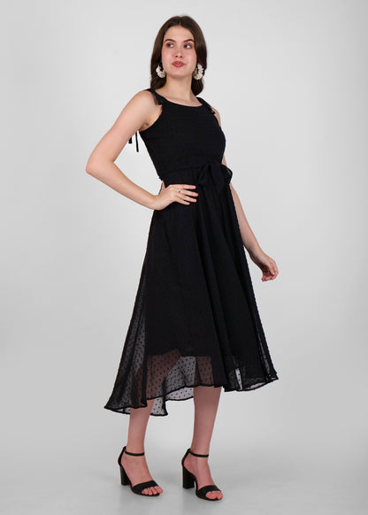 Hiza Black Dobby Georgette Fit & Flare Dress