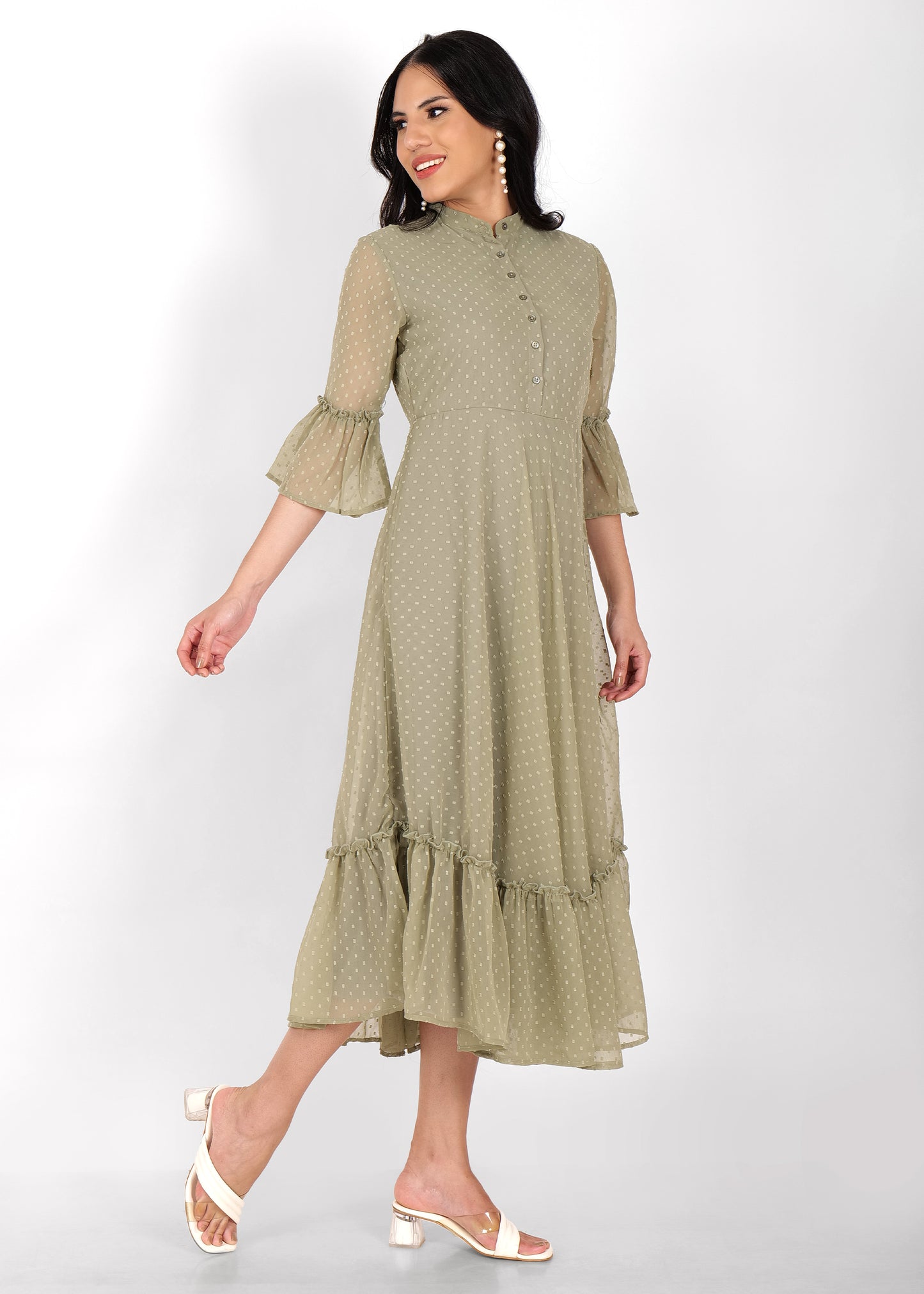 Hiza Olive Green Dobby Georgette Fit & Flare Dress