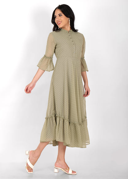 Hiza Olive Green Dobby Georgette Fit & Flare Dress