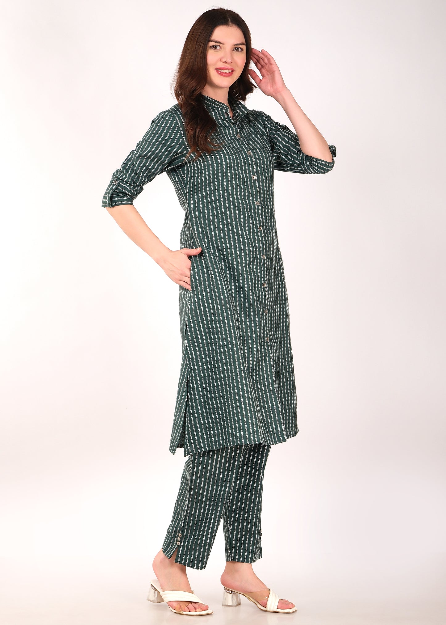 Hiza Women's Ethnic Co-Ord Set Cotton Blend Top and Pant | Two-Piece Office Wear Co-Ord Set | Stylish Striped Ethnic Wear for Women Green