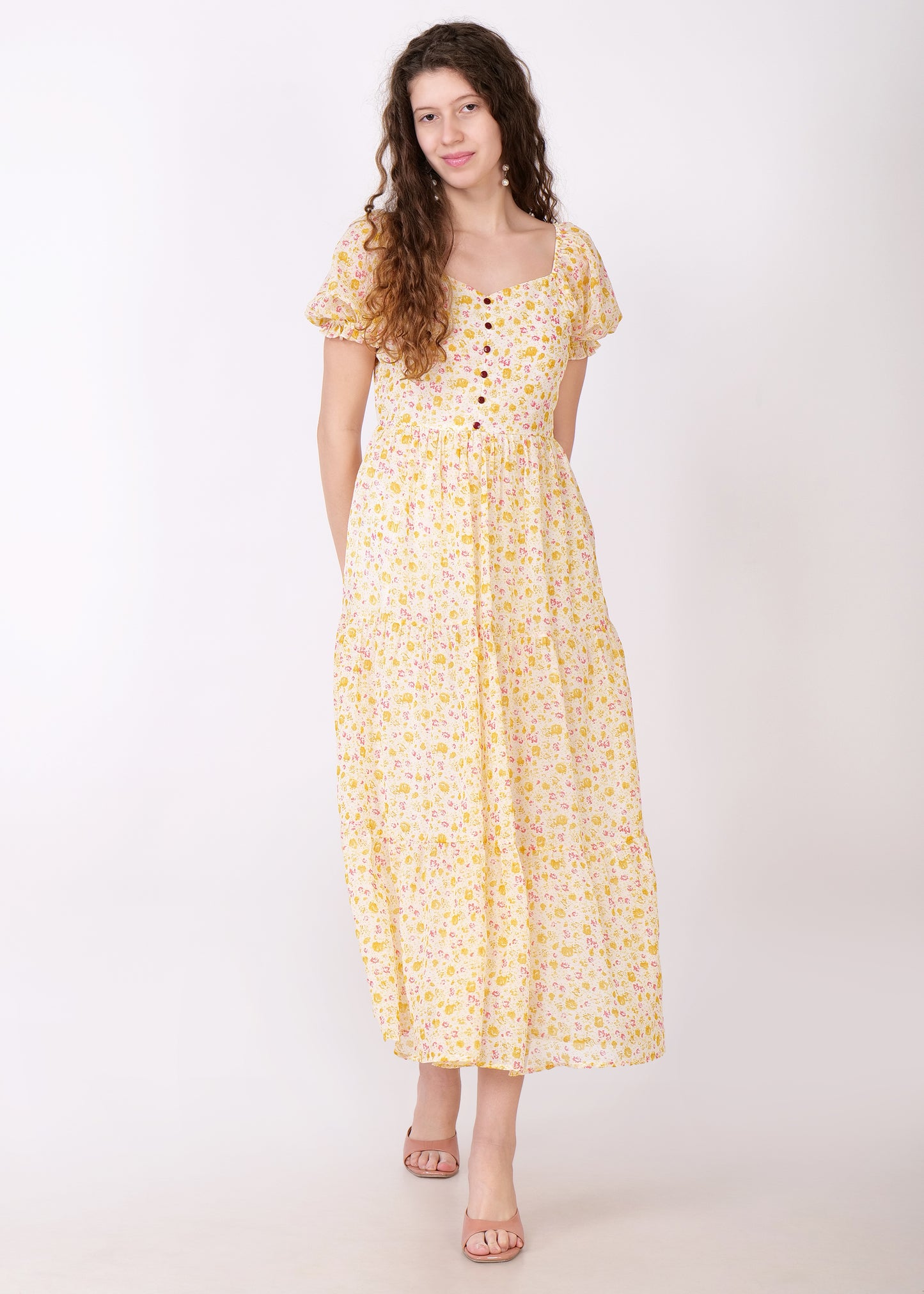 Women Fit and Flare Pink, White, Mustard Dress