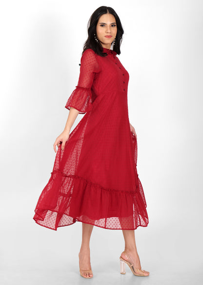 Hiza Maroon Dobby Georgette Fit & Flare Dress