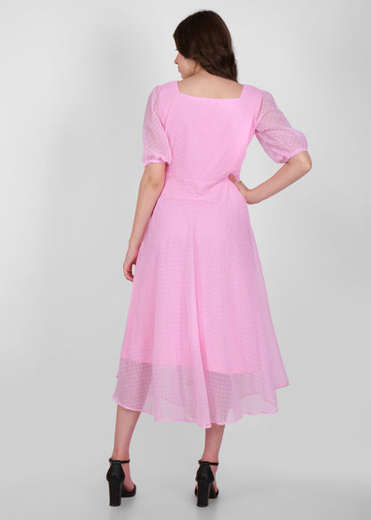 Hiza Pink Dobby Georgette Fit & Flare Dress