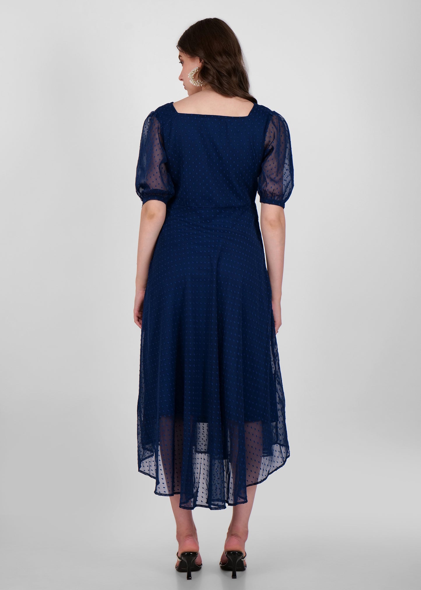 Hiza Blue Dobby Georgette Fit & Flare Dress