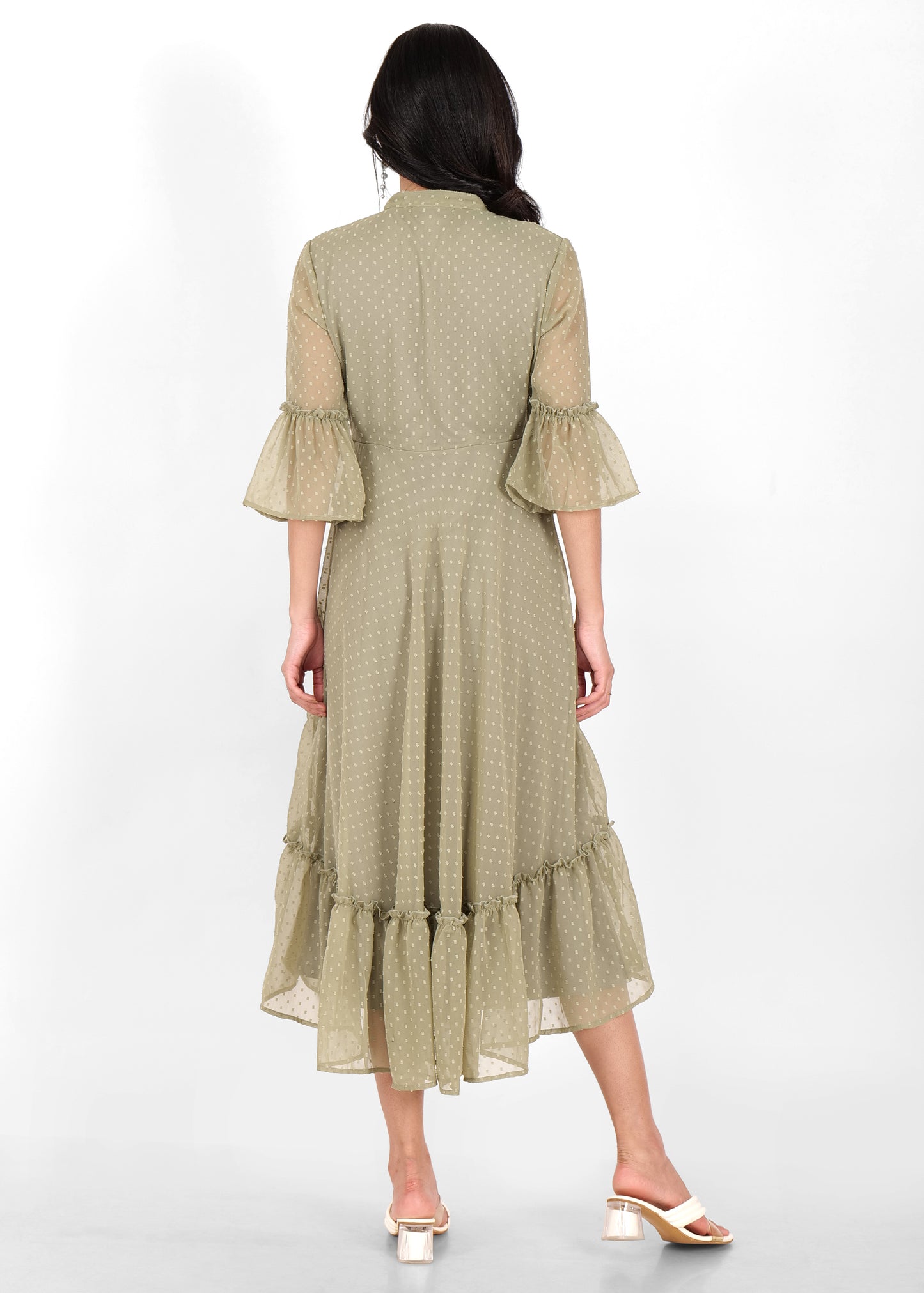 Hiza Olive Green Dobby Georgette Fit & Flare Dress