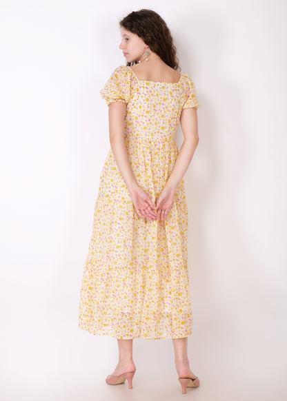 Women Fit and Flare Pink, White, Mustard Dress