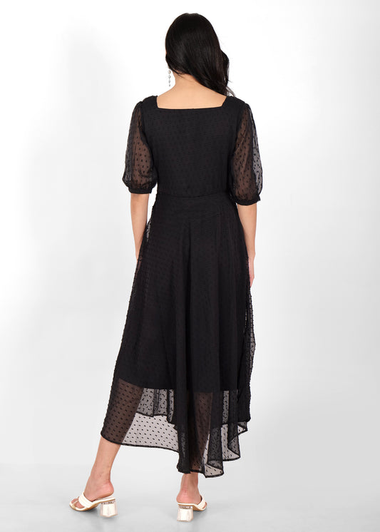 Hiza Black Dobby Georgette Fit & Flare Dress