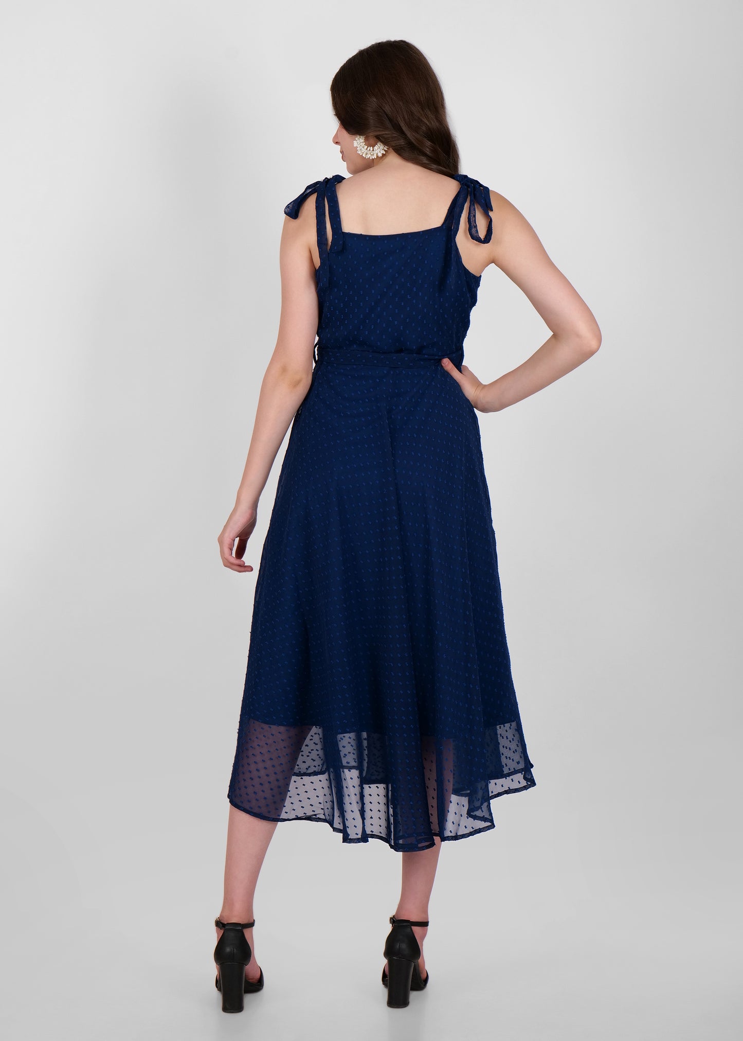 Hiza Blue Dobby Georgette Fit & Flare Dress