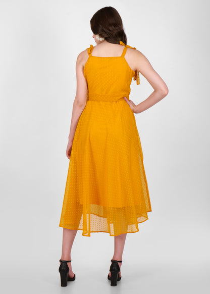 Hiza Mustard Yellow Dobby Georgette Fit & Flare Dress