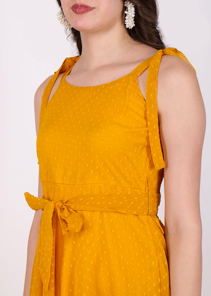 Hiza Mustard Yellow Dobby Georgette Fit & Flare Dress