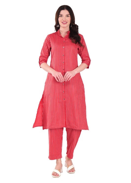 Hiza Women's Ethnic Co-Ord Set Cotton Blend Top and Pant | Two-Piece Office Wear Co-Ord Set | Stylish Striped Ethnic Wear for Women Red