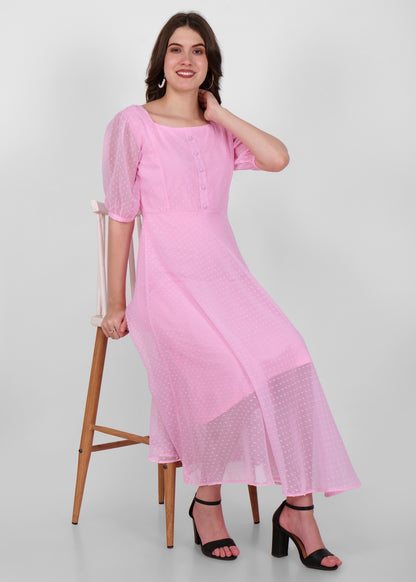 Hiza Pink Dobby Georgette Fit & Flare Dress