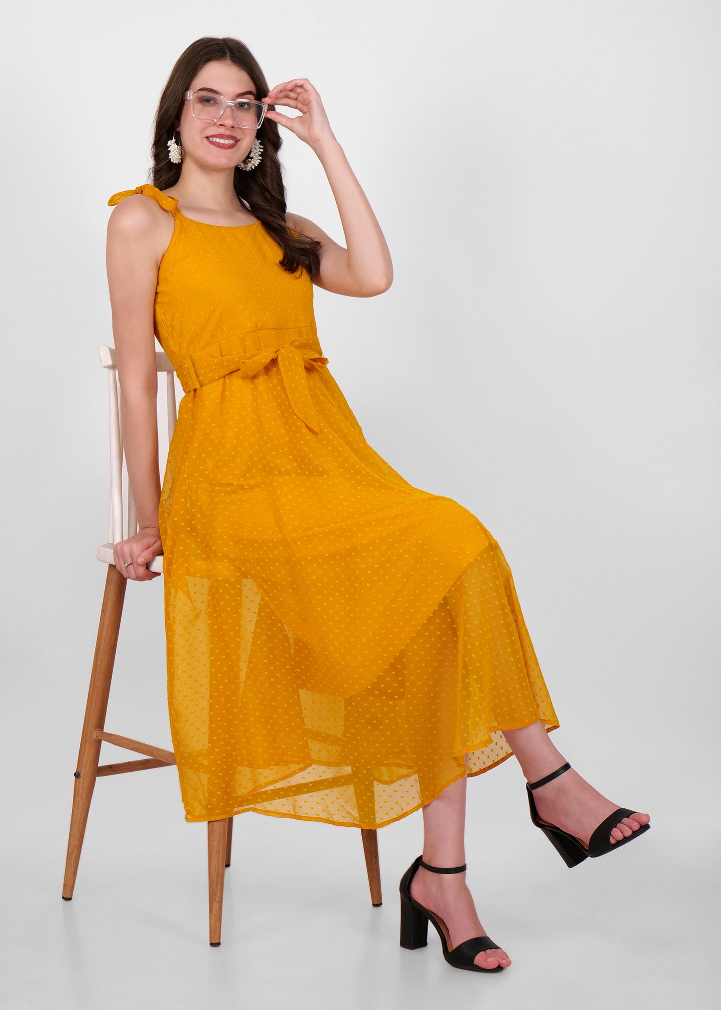 Hiza Mustard Yellow Dobby Georgette Fit & Flare Dress