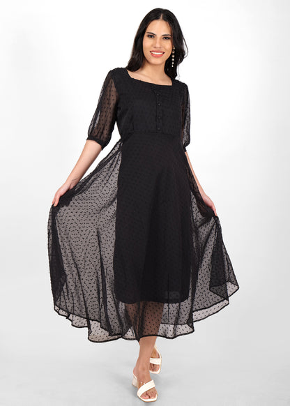 Hiza Black Dobby Georgette Fit & Flare Dress