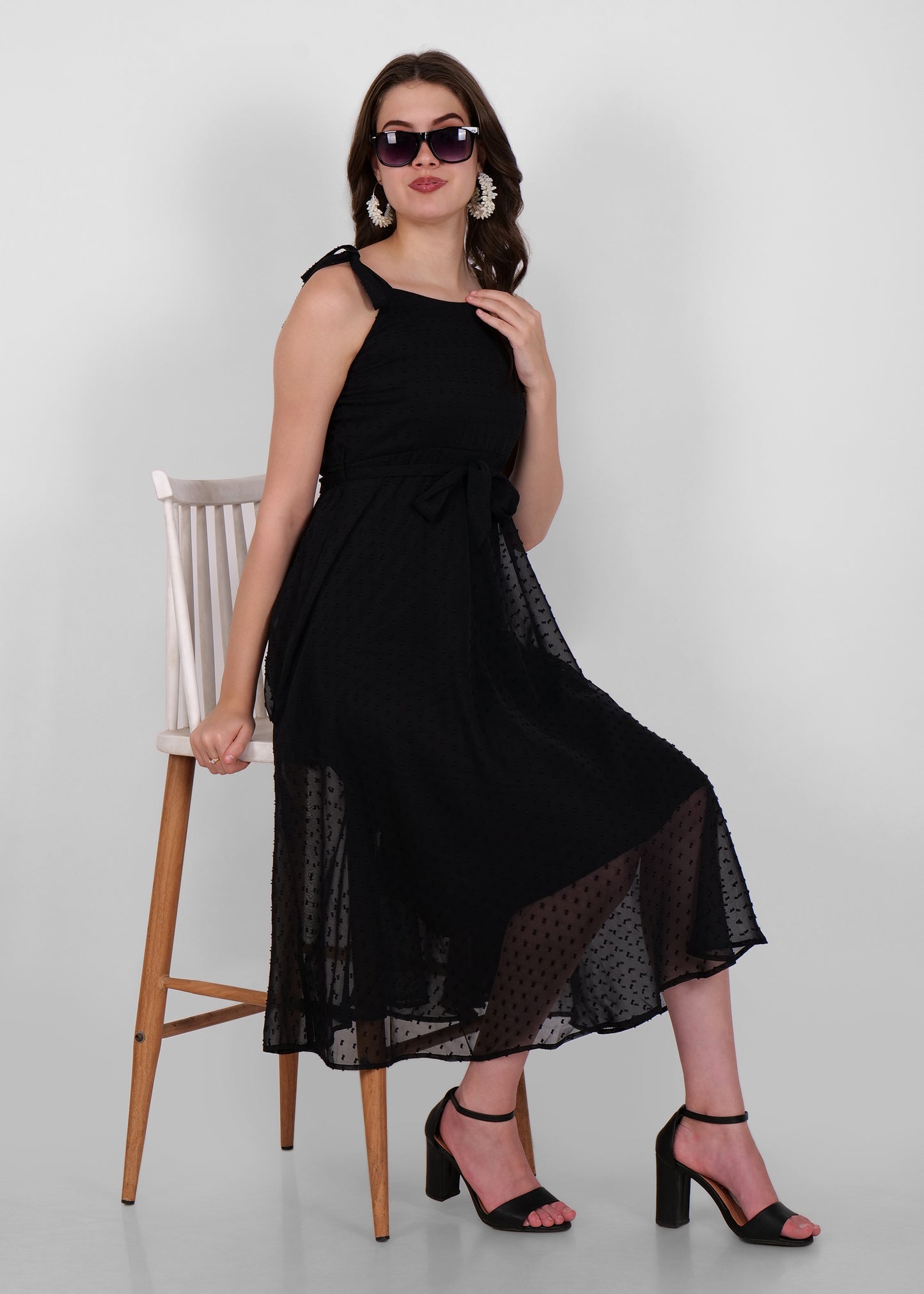 Hiza Black Dobby Georgette Fit & Flare Dress