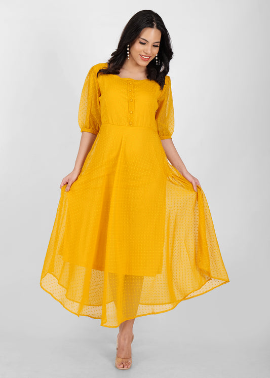 Hiza Mustard Yellow Dobby Georgette Fit & Flare Dress